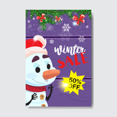 winter sale flyer design cute snowman fir tree branch season shopping template special discount vertical poster over violet wooden background flat
