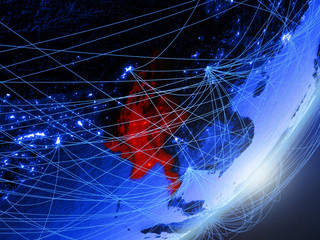Myanmar on green model of planet Earth with network at night. Concept of blue digital technology, communication and travel.