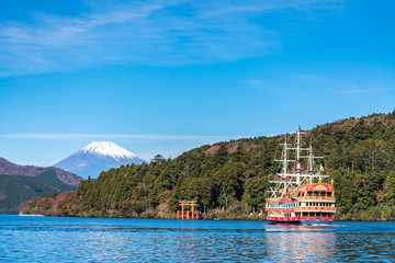 Mountain Fuji and Lake Ashi with Hakone temple and sightseeing boat in autumn