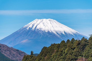 Fototapeta premium Mountain Fuji and Lake Ashi with Hakone temple and sightseeing boat in autumn