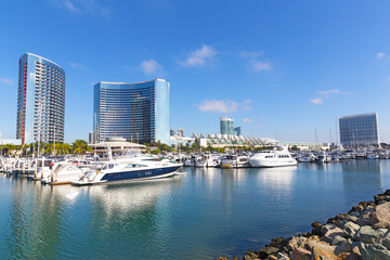 Fototapeta na wymiar City view with Marina Bay in San Diego, California USA. Can Diego hotels and convention center at bay.