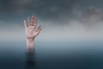 Help or sos, illustration of hand sink design,seeking rescue, a helping hand