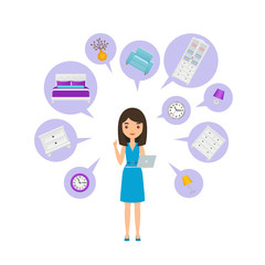 Female interior designer with furniture around in speech bubbles. Vector. Women character designer holding laptop. Interior decoration concept. Cartoon flat illustration. Standing girl in dress.