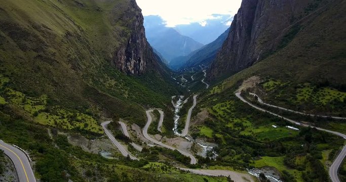 Cinematic drone shot over San Luis road in Peru