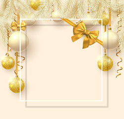 Fototapeta na wymiar Yellow Christmas and New Year card with frame, fir branches, Christmas balls and satin bow.