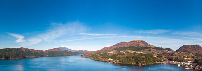 Mount Fuji and Lake Ashi.The shooting location is Lake Ashi, Kanagawa Prefecture Japan.View from drone.-aerial photo.