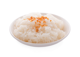 Thai style tropical dessert, glutinous rice eat with mangoes