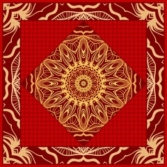Decorative colorful floral ornament with decorative border. Ethnic mandala decoration. For fashion print, bandanna, tablecloth, neck scarf