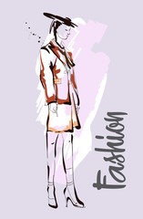 Fashion girl Sketch. Stylish fashion model. Pretty young girl.
