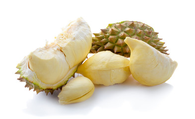 Durian and durian peels isolated from durian and isolated on white background.