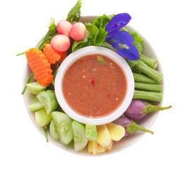 Thai cuisine nam prik or chili paste mixes with fish serves with various vegetables
