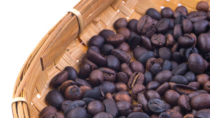 Coffee beans closeup with selective focus and crop fragment