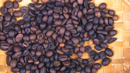 Coffee beans closeup with selective focus and crop fragment