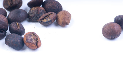 Coffee beans closeup with selective focus and crop fragment