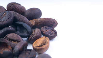 Coffee beans closeup with selective focus and crop fragment