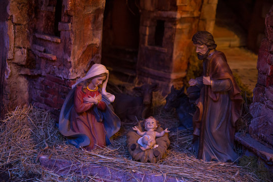 horizontal image with Christmas subject, of nativity scene with detail of the three main characters