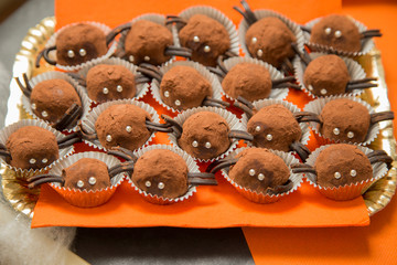 horizontal image with detail of a tray with chocolate pastries in the shape of small spiders prepared for the halloween party