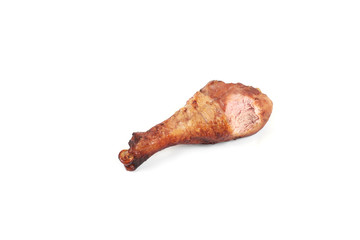 roasted chicken leg with bite taken, isolated on white background.