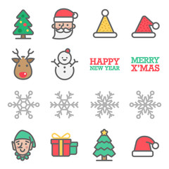 Christmas Vector Color Line Icon Set. Contains such Icons as Santa Claus, Snowflake, Elf, Snowman,  Christmas Hat, Gift Box and more. Expanded Stroke