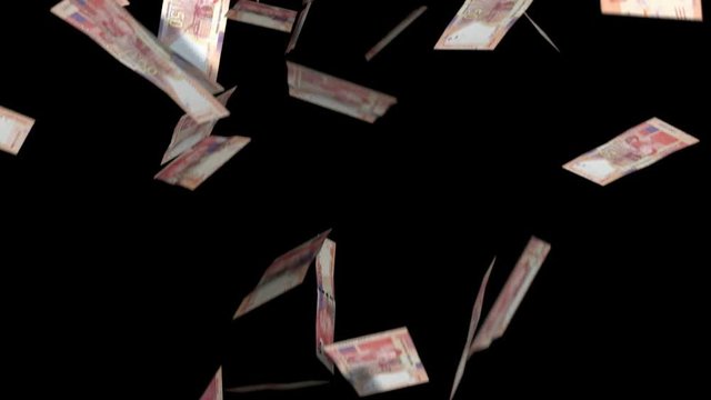 An array of south african rand bank notes falling through the air on an isolated dark background