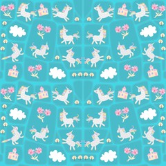 Seamless patchwork pattern with funny unicorns and caticorns, white clouds, gentle pink flowers, autumn trees and fairytale castle on blue background in vector.  Blanket, carpet - map for baby.