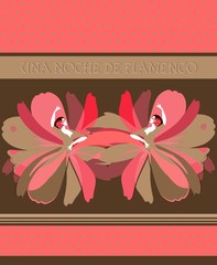 Two beautiful gypsy girls with red flowers in their hair, dressed in traditional long dresses are dancing. Invitation card or design of packing chocolate in vector.  Night of Flamenco (Spanish text).
