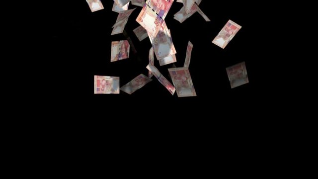An array of south african rand bank notes falling through the air on an isolated dark background
