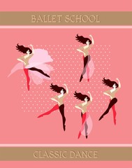 Flyer template. Beautiful young ballerinas practice at a ballet school. Vector illustration. Art deco style.