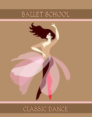Ballet school. Beautiful young woman with fluttering hair standing in dance pose on golden background. Flyer template, postcard, poster, chocolate packaging design.
