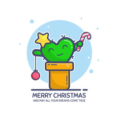 Merry Christmas day greeting card with text Mey all your dreams come true. Cute little cactus character in a pot decorated as fir tree. Flat line art, colored. Vector illustration, isolated on white