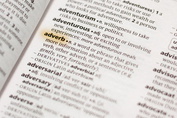 Naklejka premium The word or phrase Adverb in a dictionary.