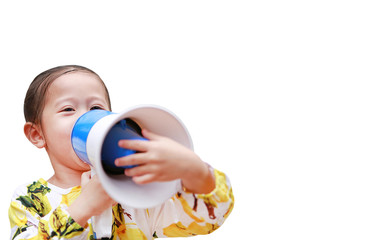 Asian little girl announce by megaphone isolated on white background with copy space. Communication...
