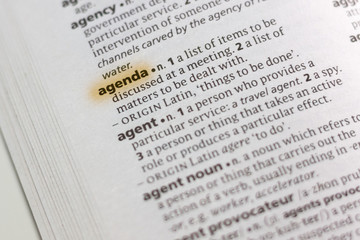 The word or phrase Agenda in a dictionary.