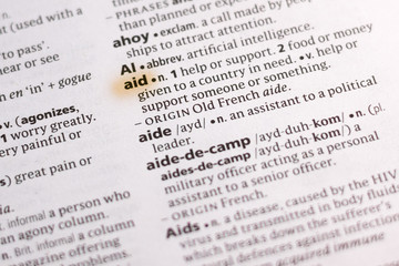 The word or phrase Aid in a dictionary.