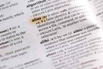 The word or phrase Alias in a dictionary.