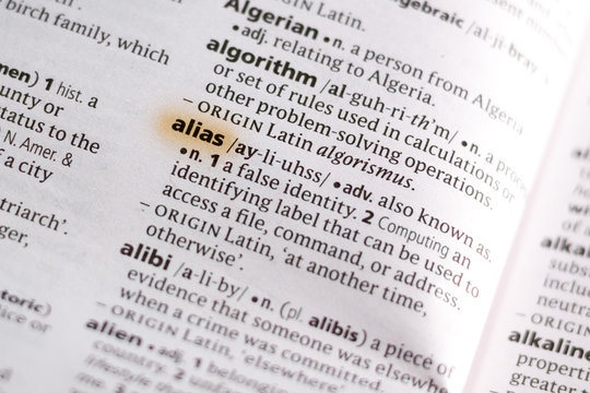 The word or phrase Alias in a dictionary.