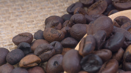 Coffee beans closeup with selective focus and crop fragment