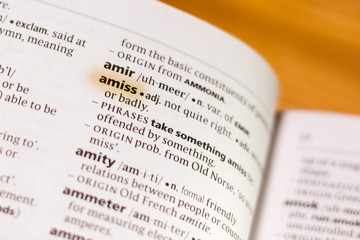 The word or phrase Amiss in a dictionary.