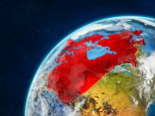 Canada on realistic model of planet Earth with country borders and very detailed planet surface and clouds.