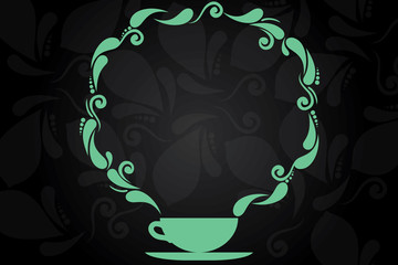 Business concept Empty template copy space isolated Posters coupons promotional material. Cup and Saucer with Paisley Design as Steam icon on Blank Watermarked Space