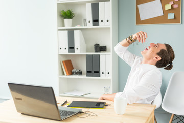 Business people, fools and fun concept - portrait of caucasian man stretching bubble gum from mouth in office