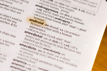 The word or phrase Android in a dictionary.