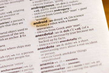 The word or phrase Android in a dictionary.