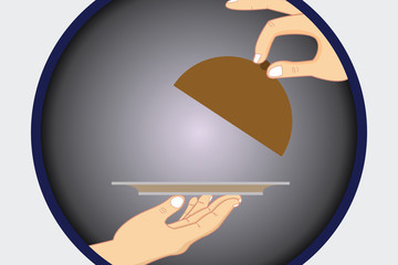 Design business concept Empty template copy space text for Ad website isolated. Hu analysis Hands Serving Tray Platter and Lifting the Lid inside Color Circle