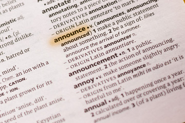 The word or phrase Announce in a dictionary.