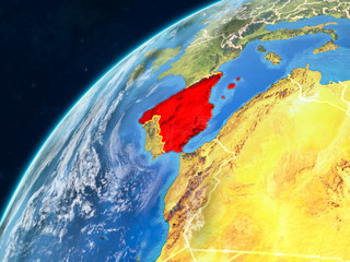 Spain on realistic model of planet Earth with country borders and very detailed planet surface and clouds.