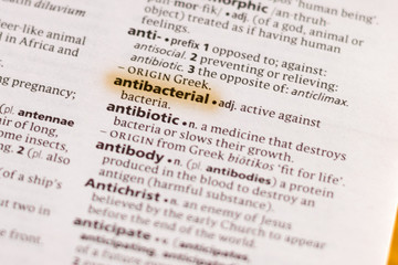 The word or phrase Antibacterial in a dictionary.
