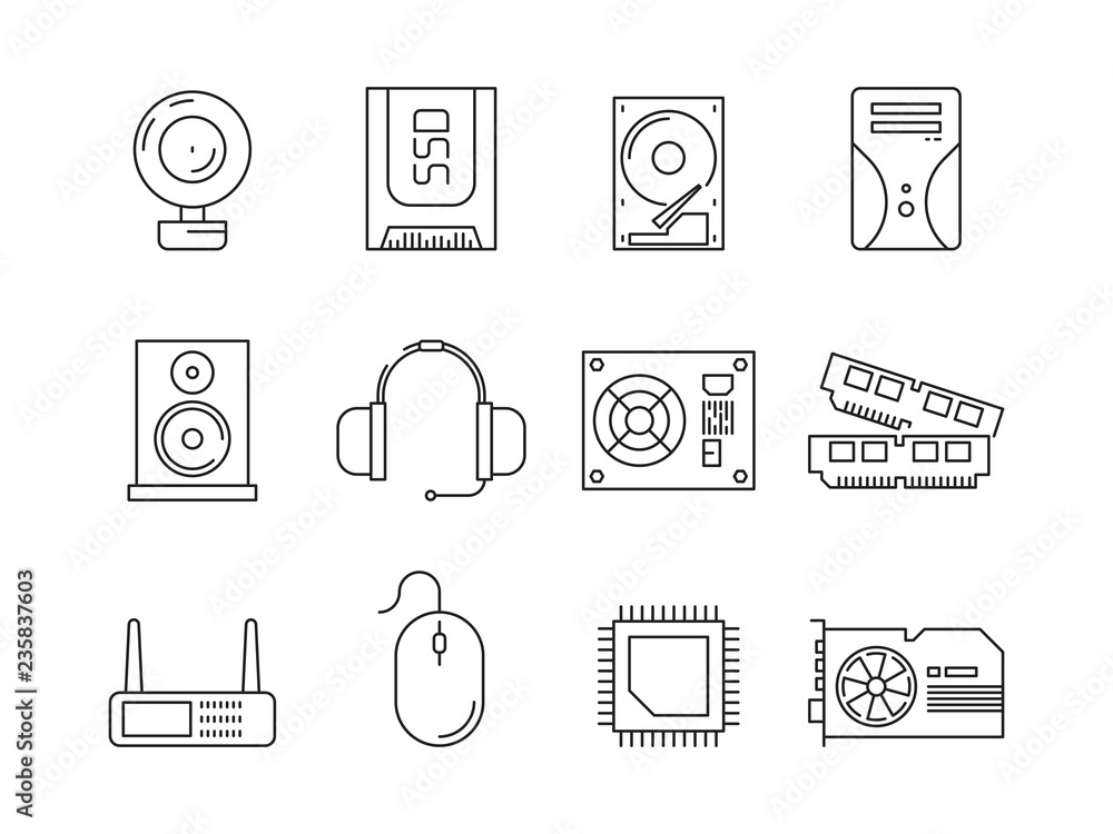 Poster hardware pc components. symbols of computer items processor server ssd or hdd memory ram vector line