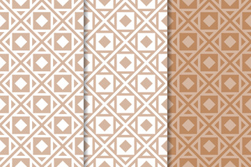 Brown and white geometric ornaments. Set of seamless patterns
