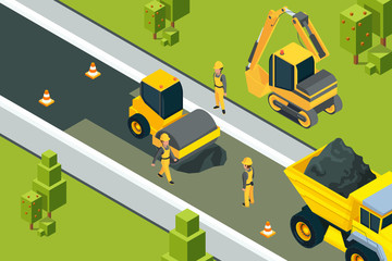 Asphalt street roller. Urban paved road laying safety ground workers builders yellow machines isometric vector landscape. Illustration of road construction asphalt, equipment transportation